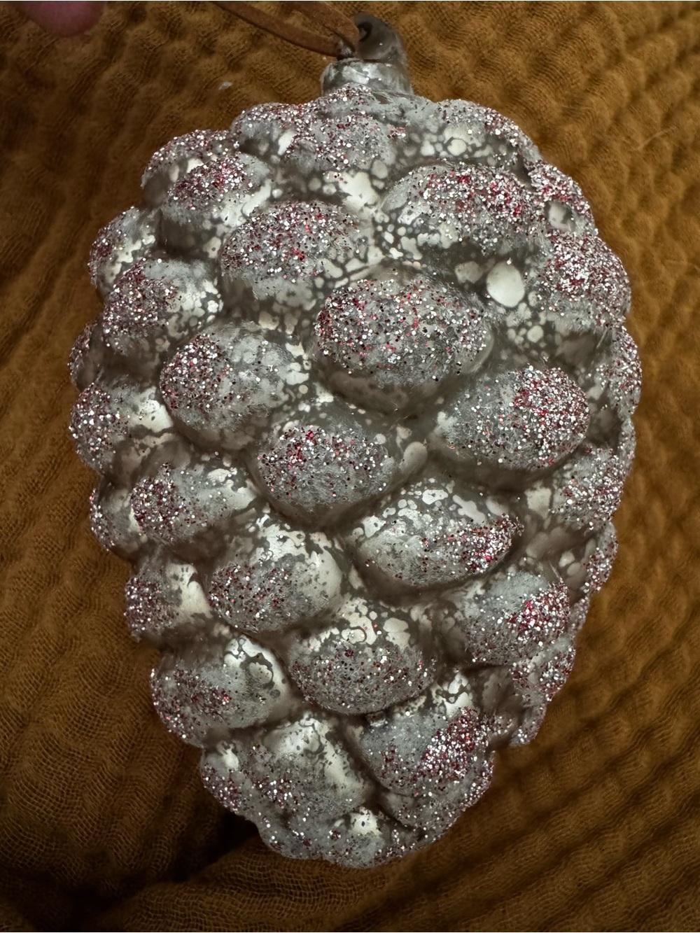 Anthropologie Glass‎ Silver and Pink Glitter Pinecone Ornament